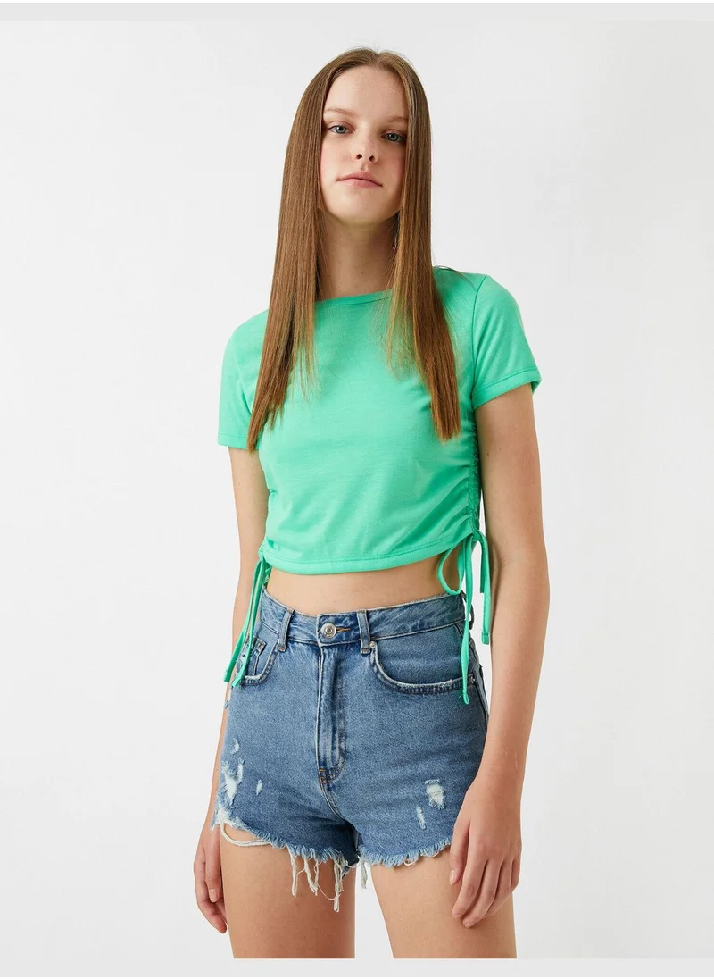 كوتون Crop T-Shirt Knotted Crew Neck Short Sleeve