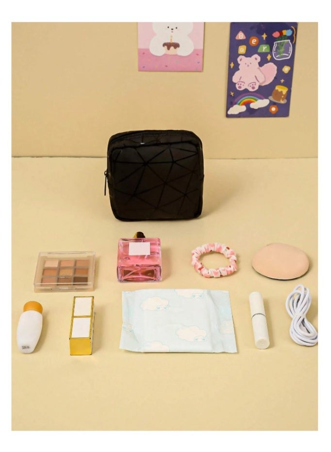 حقيبة تخزين محمولة سوداء قطعة واحدة مثالية للفوط الصحية ومستحضرات التجميل وأحمر الشفاه وسماعات الأذن والضروريات الصغيرة حقيبة بسحاب للسفر أو الاستخدام في غرفة النوم - Image 3