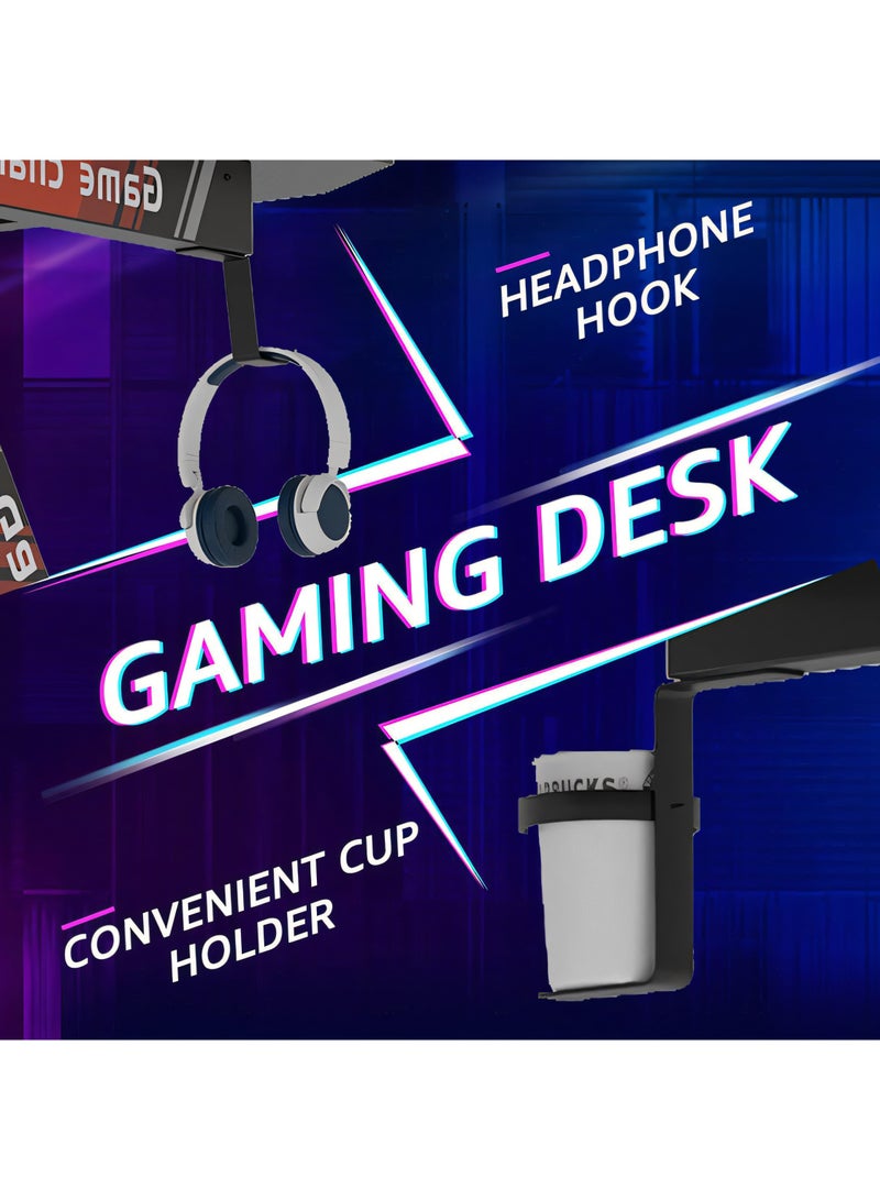 Gaming Desk, Gift Idea for Gamers PC Computer Desk Home Office Desk Workstation, Gaming Desk with Carbon Fiber Top, Headphone Hook and Cup Holder, Black