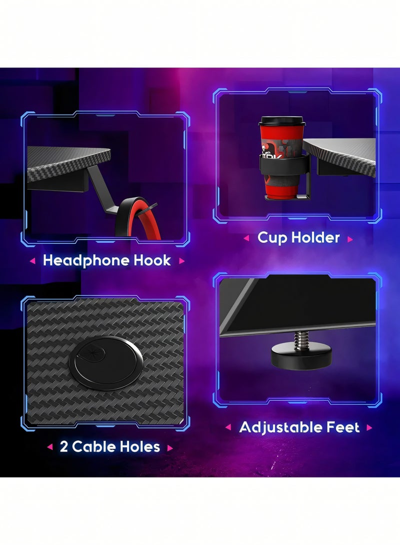 Gaming Desk, Gift Idea for Gamers PC Computer Desk Home Office Desk Workstation, Gaming Desk with Carbon Fiber Top, Headphone Hook and Cup Holder, Black