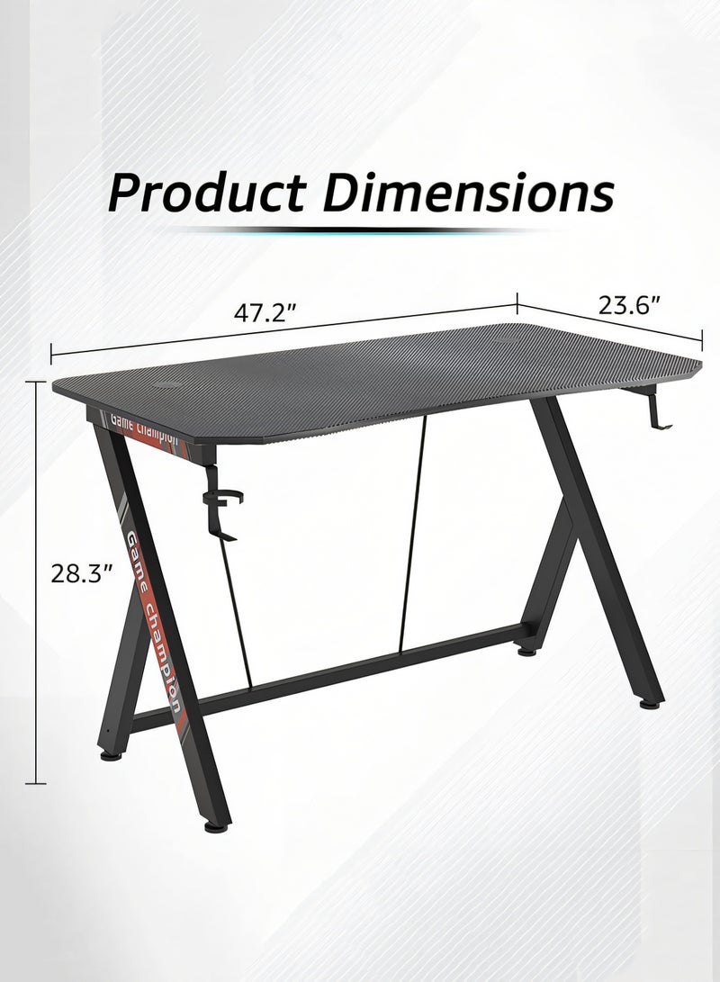 Gaming Desk, Gift Idea for Gamers PC Computer Desk Home Office Desk Workstation, Gaming Desk with Carbon Fiber Top, Headphone Hook and Cup Holder, Black