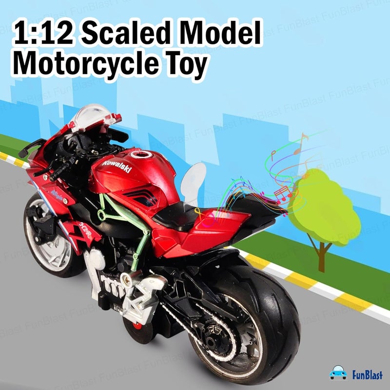 FunBlast لعبة دراجة نارية رياضية مصنوعة من الصب للKids - نموذج دراجة نارية مقاس 1:12، دراجة معدنية تعمل بالطاقة الاحتكاكية مع تأثيرات ضوئية وصوتية، ألعاب مركبات سبيكة للأطفال من عمر 3 سنوات فما فوق (أحمر) - Image 5