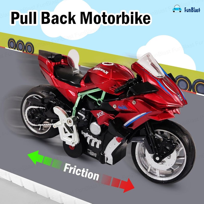FunBlast لعبة دراجة نارية رياضية مصنوعة من الصب للKids - نموذج دراجة نارية مقاس 1:12، دراجة معدنية تعمل بالطاقة الاحتكاكية مع تأثيرات ضوئية وصوتية، ألعاب مركبات سبيكة للأطفال من عمر 3 سنوات فما فوق (أحمر) - Image 4