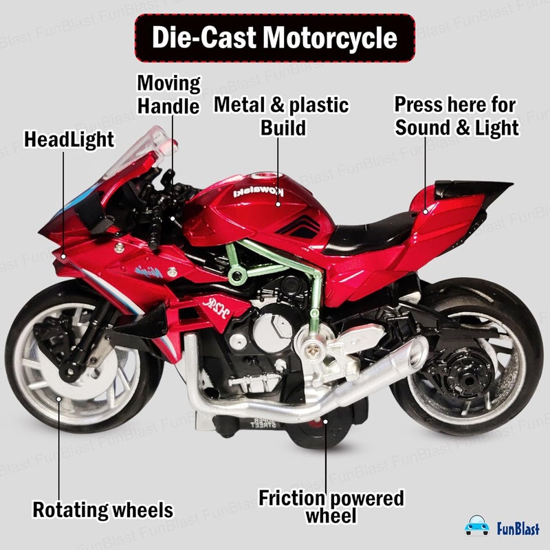 FunBlast لعبة دراجة نارية رياضية مصنوعة من الصب للKids - نموذج دراجة نارية مقاس 1:12، دراجة معدنية تعمل بالطاقة الاحتكاكية مع تأثيرات ضوئية وصوتية، ألعاب مركبات سبيكة للأطفال من عمر 3 سنوات فما فوق (أحمر) - Image 3