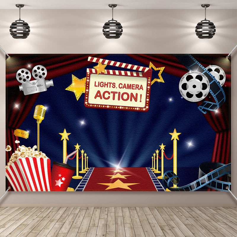 Blulu Movie Theme Party Decorations Supplies, Large Fabric Backdrop for Movie Night Birthday Party Event Awards Night Ceremony Photo Photography Booth Background, 72.8 x 43.3 Inch - Image 1