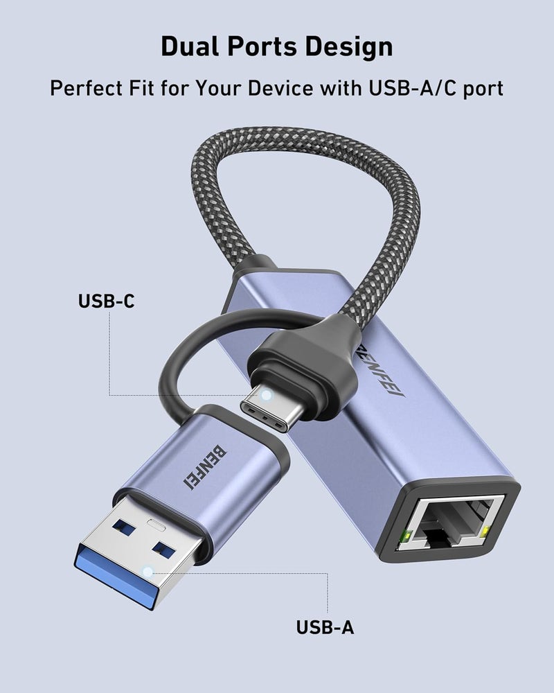 Benfei محول USB 3.0 إلى Ethernet، USB C إلى RJ45 محول LAN جيجابت (1000Mbps)، متوافق مع MacBook/Pro/Air، Surface Pro، Windows 11/10/8/7، Mac OS [هيكل من الألمنيوم وكابل نايلون] - Image 3