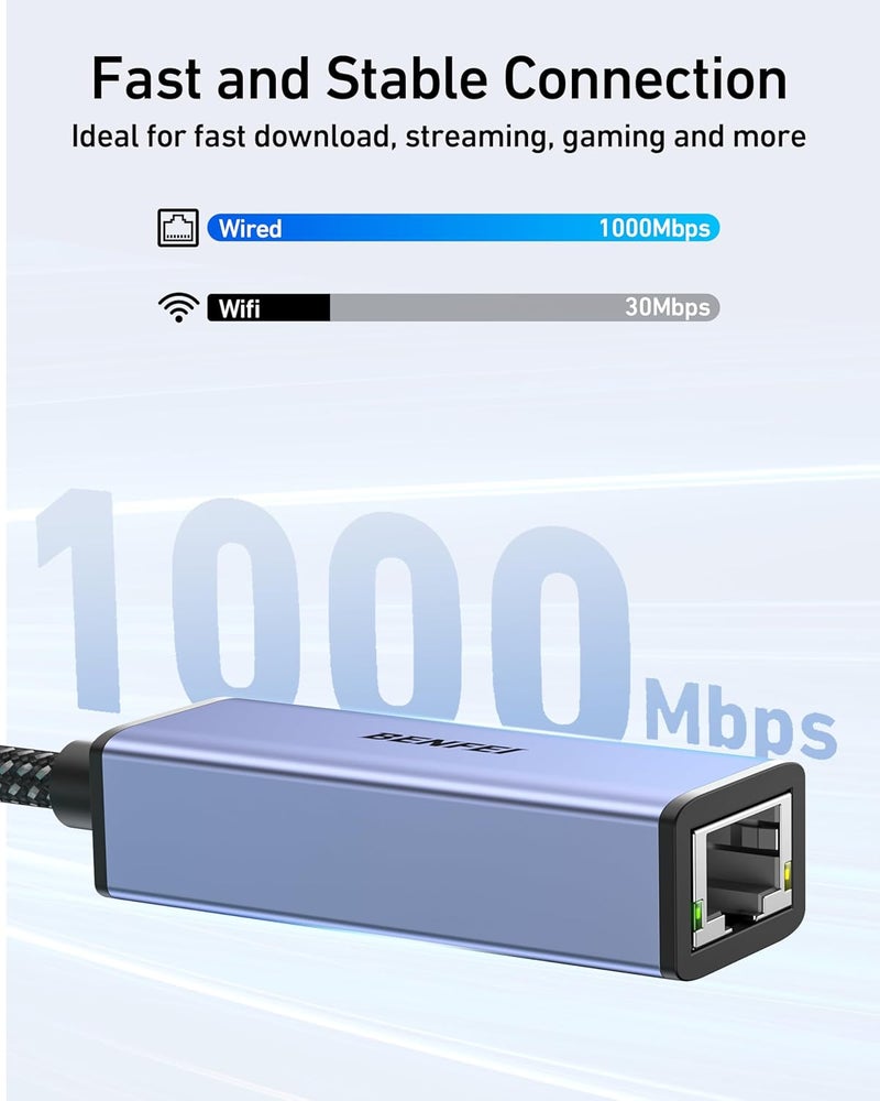 Benfei محول USB 3.0 إلى Ethernet، USB C إلى RJ45 محول LAN جيجابت (1000Mbps)، متوافق مع MacBook/Pro/Air، Surface Pro، Windows 11/10/8/7، Mac OS [هيكل من الألمنيوم وكابل نايلون] - Image 4
