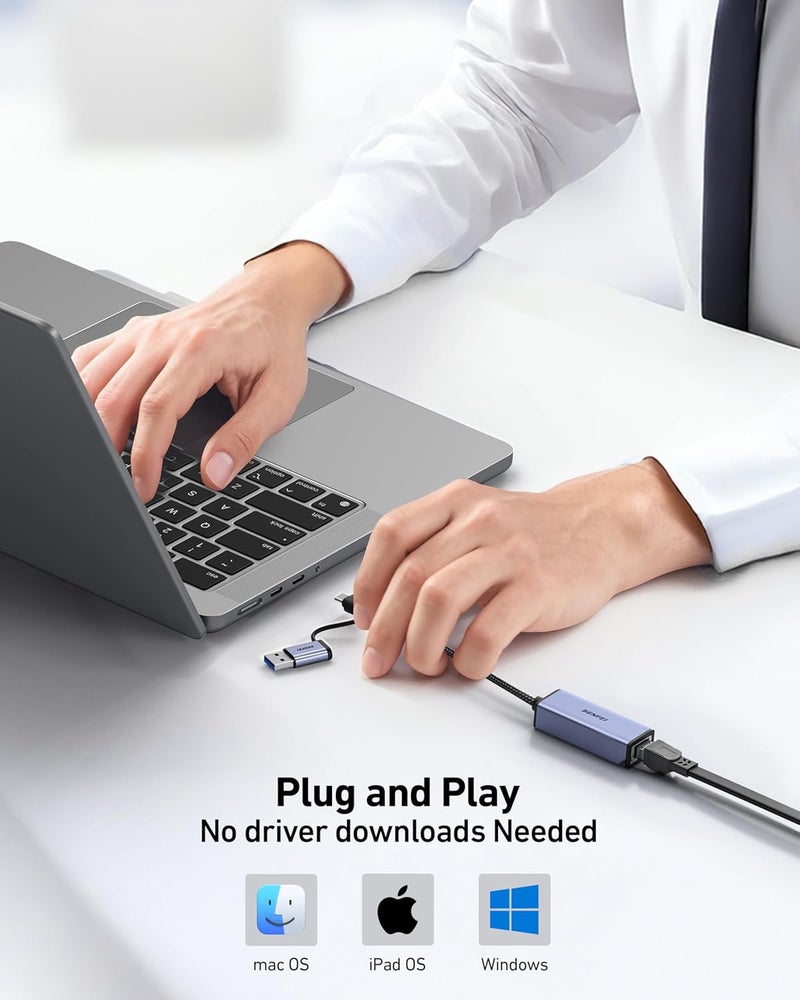 Benfei محول USB 3.0 إلى Ethernet، USB C إلى RJ45 محول LAN جيجابت (1000Mbps)، متوافق مع MacBook/Pro/Air، Surface Pro، Windows 11/10/8/7، Mac OS [هيكل من الألمنيوم وكابل نايلون] - Image 5