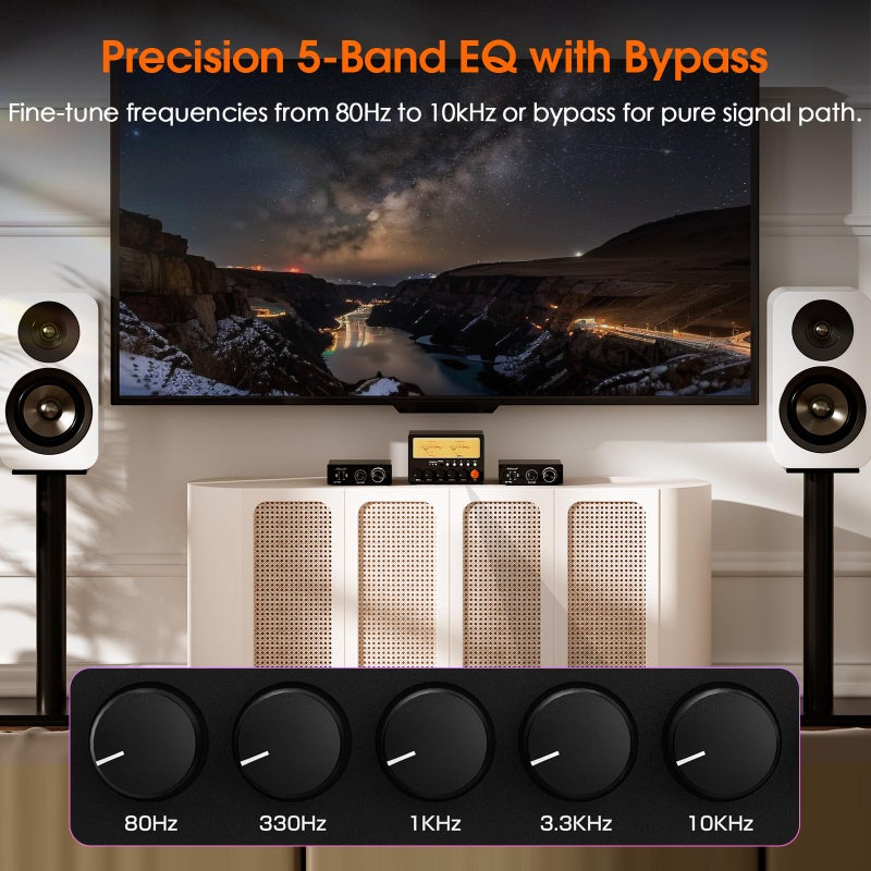 Nobsound D5 4-Way Audio Switch: 5-Band HiFi Stereo EQ Preamp & RCA Splitter w/VU Meter & Headphone Amp for Home Theater/Studio/DJ - Image 4