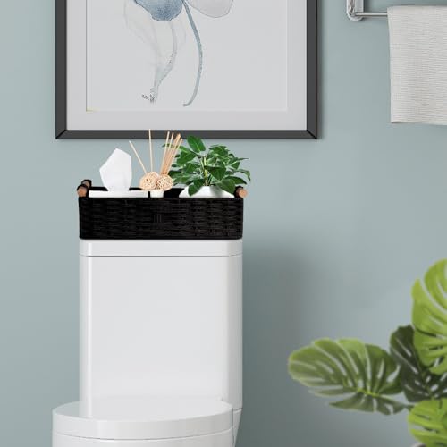 STOBSK Round Paper Rope Storage Basket Wicker Baskets for Organizing with Handle Decorative Storage Bins for Countertop Toilet Paper Basket for Toilet Tank Top Small Baskets Set,Black - Image 5