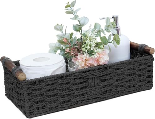 STOBSK Round Paper Rope Storage Basket Wicker Baskets for Organizing with Handle Decorative Storage Bins for Countertop Toilet Paper Basket for Toilet Tank Top Small Baskets Set,Black - Image 1