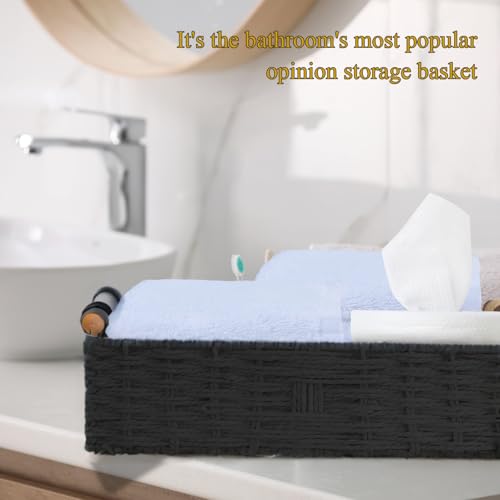 STOBSK Round Paper Rope Storage Basket Wicker Baskets for Organizing with Handle Decorative Storage Bins for Countertop Toilet Paper Basket for Toilet Tank Top Small Baskets Set,Black - Image 3