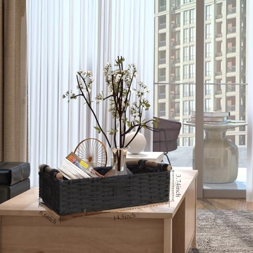 STOBSK Round Paper Rope Storage Basket Wicker Baskets for Organizing with Handle Decorative Storage Bins for Countertop Toilet Paper Basket for Toilet Tank Top Small Baskets Set,Black - Image 2