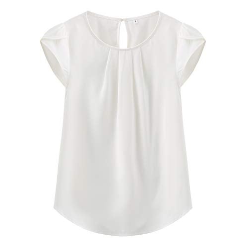 TASAMO Women's Casual Round Neck Basic Pleated Top Cap Sleeve Curved Keyhole Back Chiffon Blouse (Large, White) - Image 1