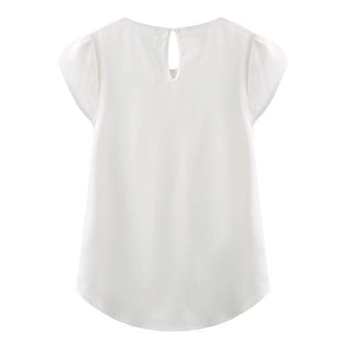 TASAMO Women's Casual Round Neck Basic Pleated Top Cap Sleeve Curved Keyhole Back Chiffon Blouse (Large, White) - Image 2