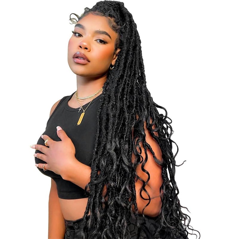 Niseyo Niseyo Wild Locs 30 Inch Distressed New Faux Locs with Curly Ends 8 Packs Long Soft Prelooped Goddess Locs Crochet Hair 1B Natural Black