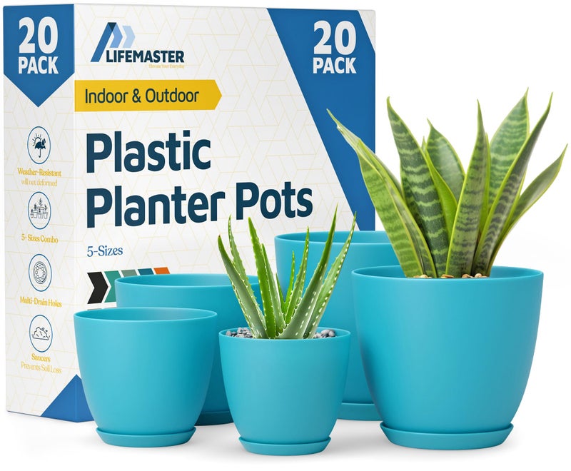 LifeMaster Blue Plant Pots with Drainage Holes & Saucers 20 Pack, Indoor & Outdoor Stackable Space-Saving Planters for Houseplants & Flowers, (7", 6.7", 6", 5.3", and 4.8" Inches), Durable & Weatherproof - Image 1