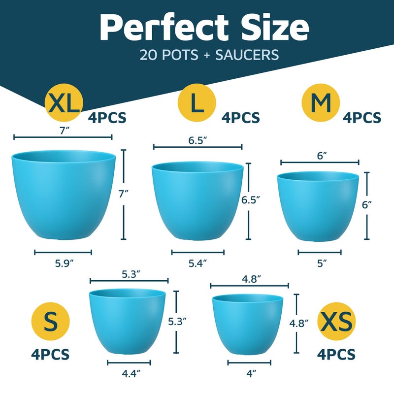 LifeMaster Blue Plant Pots with Drainage Holes & Saucers 20 Pack, Indoor & Outdoor Stackable Space-Saving Planters for Houseplants & Flowers, (7", 6.7", 6", 5.3", and 4.8" Inches), Durable & Weatherproof - Image 2