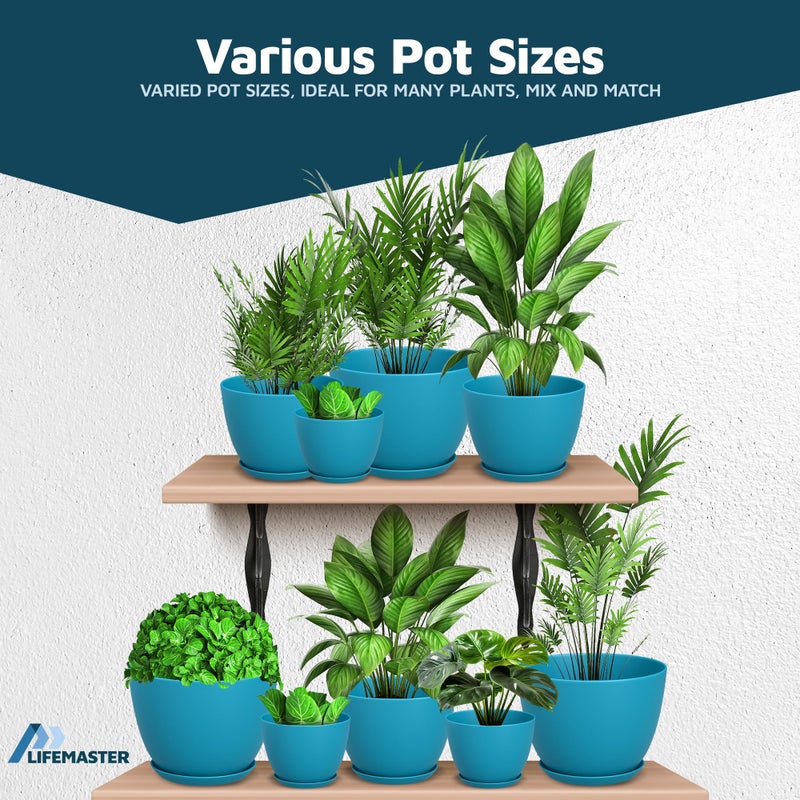 LifeMaster Blue Plant Pots with Drainage Holes & Saucers 20 Pack, Indoor & Outdoor Stackable Space-Saving Planters for Houseplants & Flowers, (7", 6.7", 6", 5.3", and 4.8" Inches), Durable & Weatherproof - Image 4