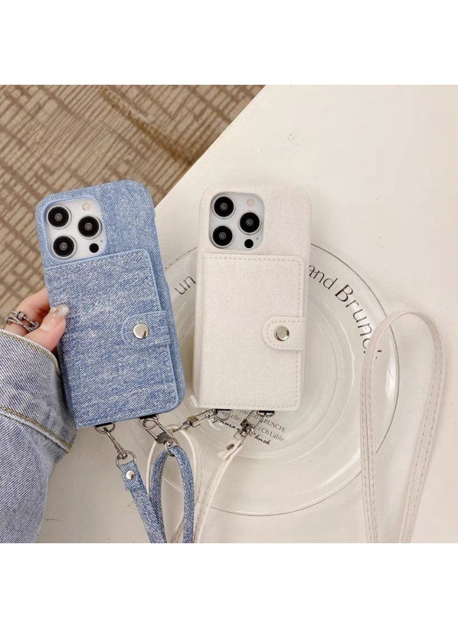 Generic - Retro Denim Cloth Pattern Crossbody Lanyard Card Holder For Iphone 15promax European And American For Iphone14 Mobile Phone Case Fashion-Color:Denim Grain Crossbody White-Applicable Model:ip13promax - Image 1