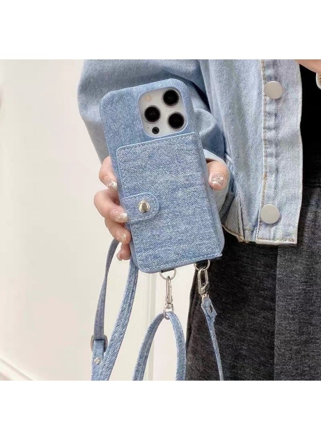 Generic - Retro Denim Cloth Pattern Crossbody Lanyard Card Holder For Iphone 15promax European And American For Iphone14 Mobile Phone Case Fashion-Color:Denim Grain Crossbody White-Applicable Model:ip13promax - Image 1
