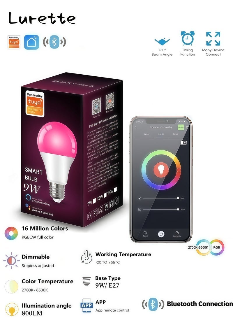 Lurette 9W E27 Base Smart Bulb, Bluetooth Connection, Remote Control, Tuya Smart App Control, 800LM Color Changing LED Bulb, 16 million color adjustments (1 Pack) - Image 1
