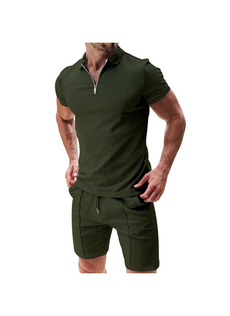 Casual Solid Color Mens Summer Polo Shirt Shorts Set Army Green