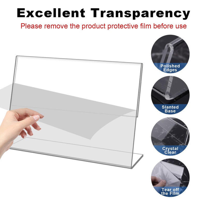 DESONAUT 8 Pack Slanted Back Acrylic Sign Holder 5x7 inches,Clear Tabletop Sign Holder,Acrylic Picture Frames Stands for Display,Plastic Flyer Menu Holder for Office,Home,Restaurantï¼ˆHorizontalï¼‰ - Image 4