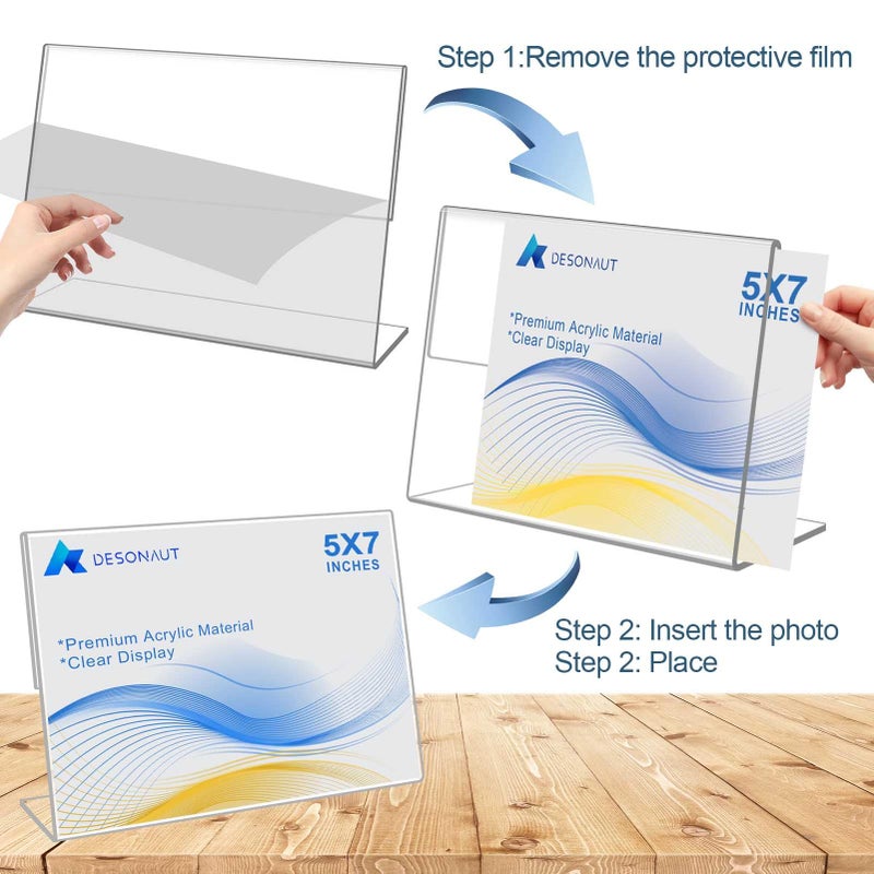DESONAUT 8 Pack Slanted Back Acrylic Sign Holder 5x7 inches,Clear Tabletop Sign Holder,Acrylic Picture Frames Stands for Display,Plastic Flyer Menu Holder for Office,Home,Restaurantï¼ˆHorizontalï¼‰ - Image 5