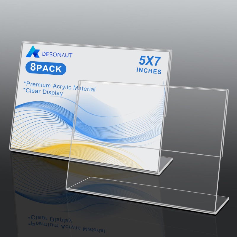 DESONAUT 8 Pack Slanted Back Acrylic Sign Holder 5x7 inches,Clear Tabletop Sign Holder,Acrylic Picture Frames Stands for Display,Plastic Flyer Menu Holder for Office,Home,Restaurantï¼ˆHorizontalï¼‰ - Image 3