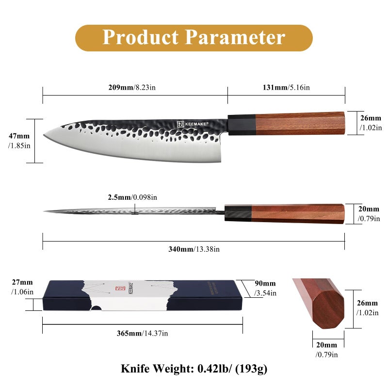 KEEMAKE Japanese Chef Knife 8 inch - Sharp Kitchen Knife with Japanese 440C Stainless Steel Blade, Porfessional Chefs Knife Rosewood Handle, Gyuto Knife with G10 Bolster - Image 4