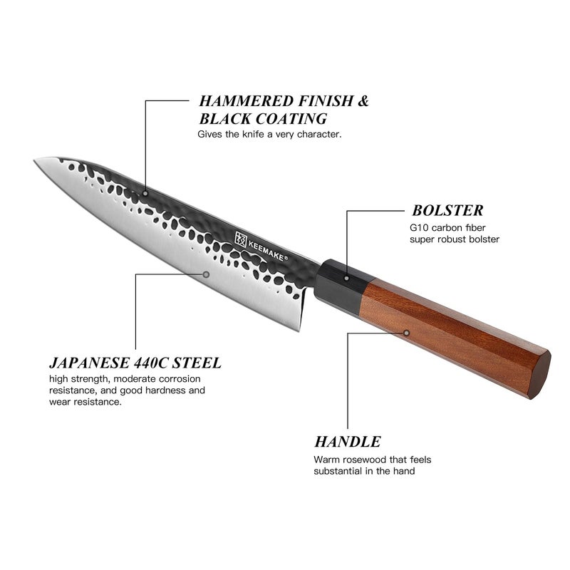 KEEMAKE Japanese Chef Knife 8 inch - Sharp Kitchen Knife with Japanese 440C Stainless Steel Blade, Porfessional Chefs Knife Rosewood Handle, Gyuto Knife with G10 Bolster - Image 5