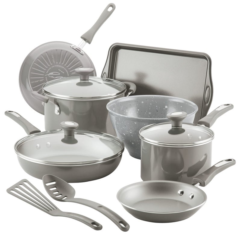 Rachael Ray Rachael Ray Get Cooking Nonstick Cookware Pots and Pans Set Includes Baking Pan and Cooking Tools 12 Piece  Gray 