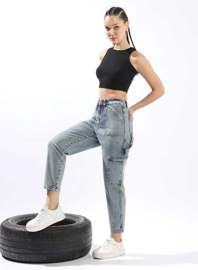 Women Mom Fit Carpenter Utlity Cargo High-Rise Light Fade Cotton Crop Jeans