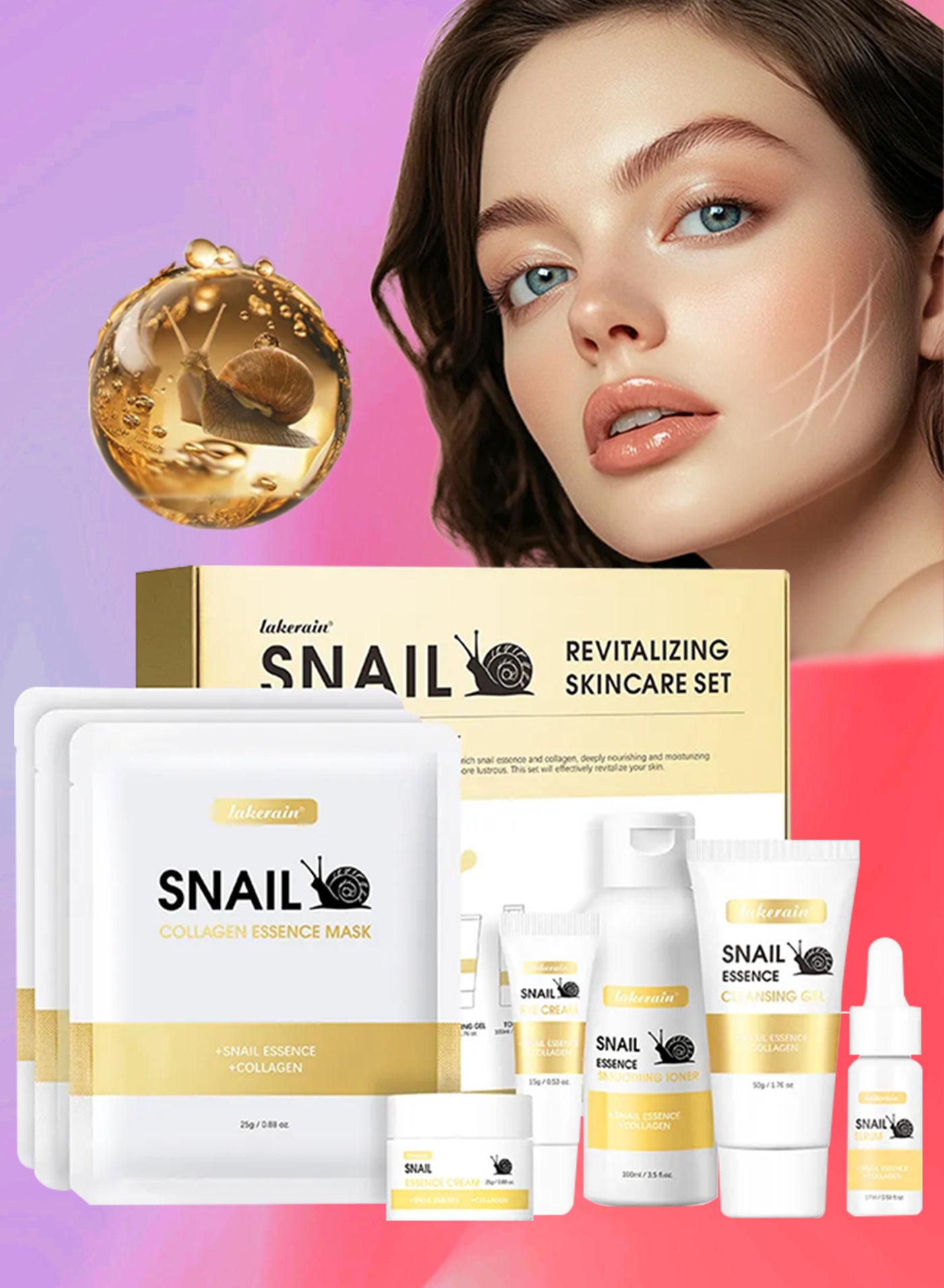 lakerain 6 in 1 Revitalizing Skincare Set Snail Skin Care Kit with Cleansing Gel Toner Serum Eye Cream Essence Cream and Face Mask Gifts for Women Men Moisturizing Firming Facial Skin Collagen Kit