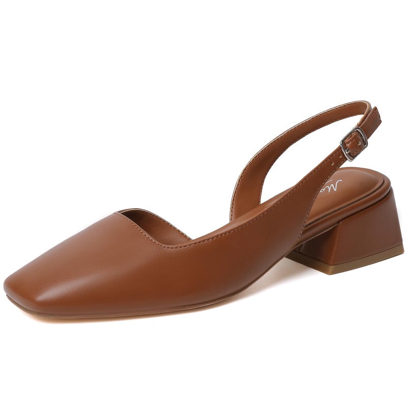 Mostrin Brown Chunky Low Heels for Women D'Orsay Slingback Block Heel Pumps Closed Square Toe Mary Jane Dress Shoes for Work Office Daily Wedding - Image 1