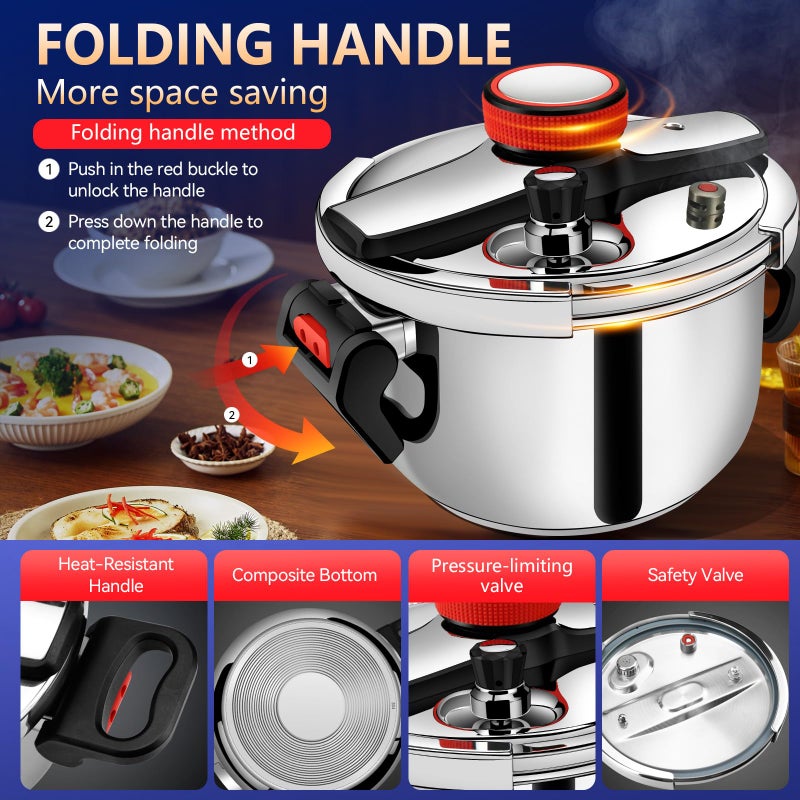 KAIVESEA 6.34 Quart Pressure Cooker, 304 Stainless Steel - Explosion-Proof Lock, One Hand Operation, Fast Cooking, Dishwasher Safe & Induction Compatible, Family Size Cookware - Image 2
