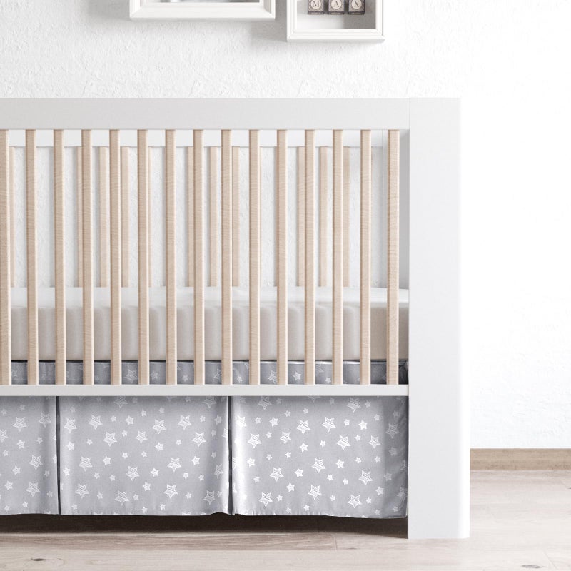 Moonsea Crib Skirt for Boy Girl Pleated Dust Ruffle Machine Washable 14 Drop Toddler Crib Bed Skirt Grey with White Star Microfiber Nursery Standard Crib Bedding Skirt 