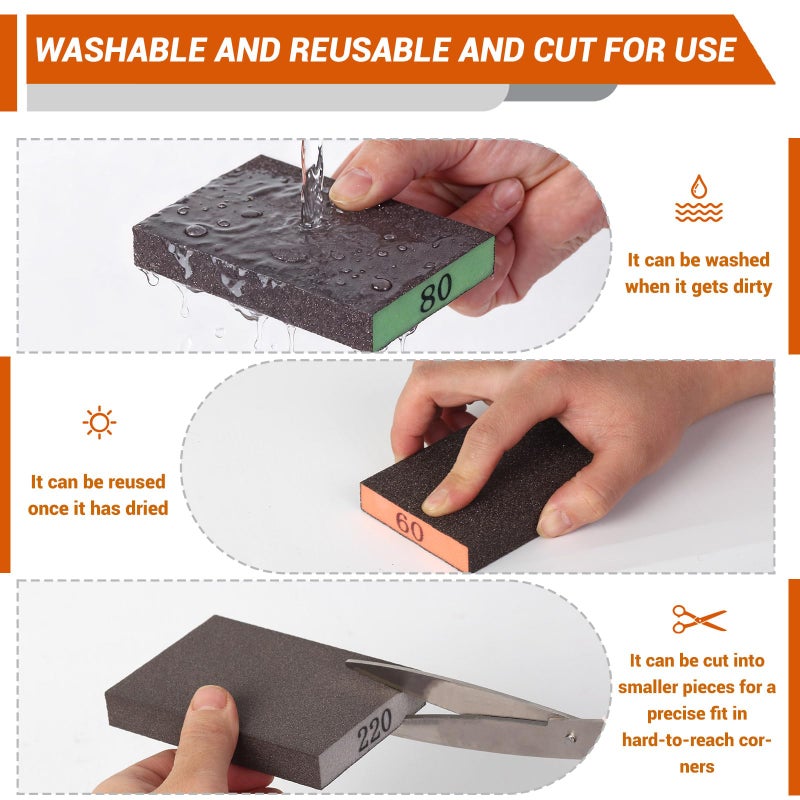 INBOF 12 Pack Sanding Block, 60/80/120/220 Grit Sanding Sponge, Washable and Reusable Sandpaper Block, Sandpaper for Wood and Drywall, Sand Paper for Wood Furniture and Wall Repair - Image 4