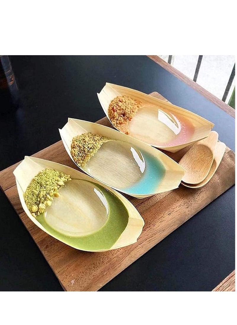 KASTWAVE - 50 pcs Disposable Wood Boat Dishes Plates Wooden Snack Bowls Food Serving Tray Japanese Sashimi Sushi Boat, 3 Inches - Image 1