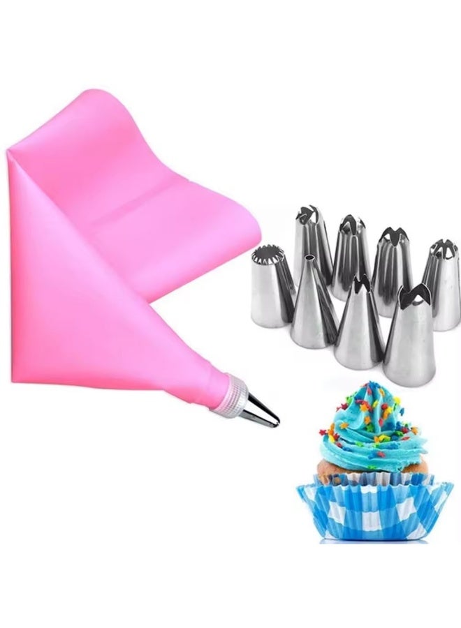 Silicone Icing Piping Bag With 8 Stainless Steel Pastry Nozzles And 1 Converter For Cream Pink Sheet