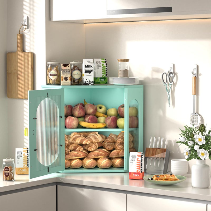 TQQDCI Corner Bread Box for Kitchen Countertop, Large Wooden Bread Box, Double Layer Bread Storage Bin, Bamboo Breadbox for Homemade Bread, Farmhouse Kitchen Organizer with Acrylic Window, Green - Image 5