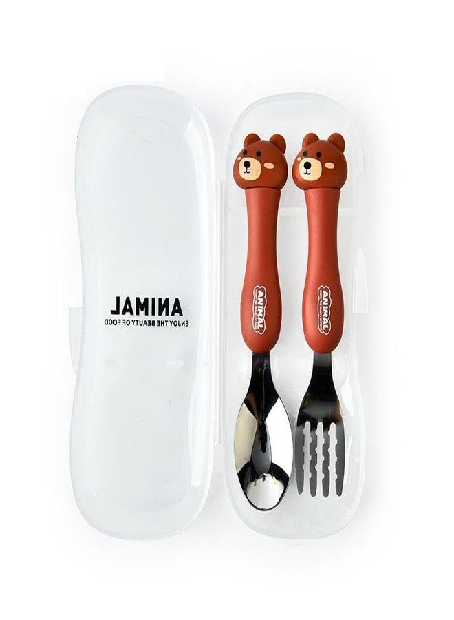 Fashramp Creative Portable Cartoon Animal Cutlery Set Elementary Kids Children Stainless Steel Cutlery Cute Fork Spoon 2 pcs Set (Note: Color Will Be Sent As Per Stock) - Image 1