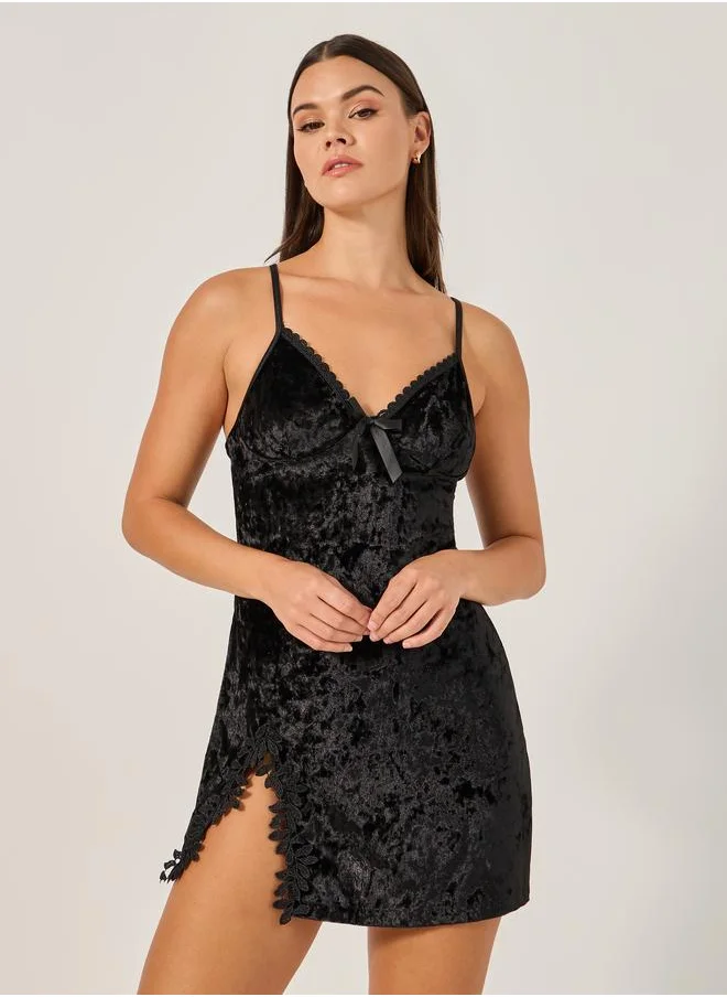 Styli Styli Velvet Slip Dress with Lace Detail