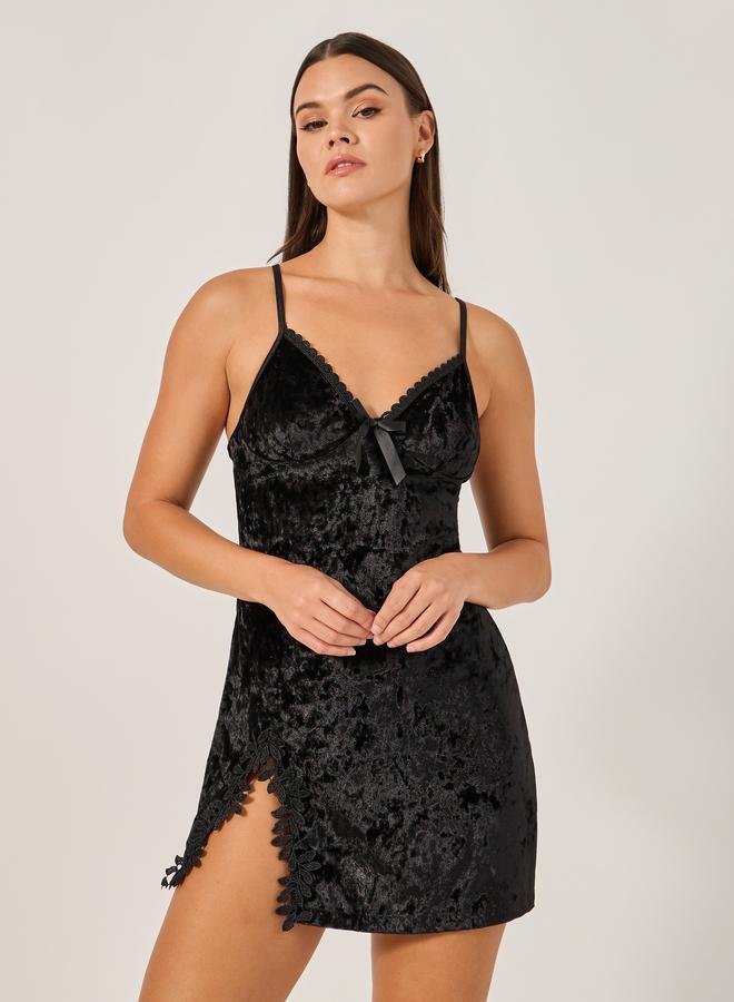 Styli Styli Velvet Slip Dress with Lace Detail  - Image 1