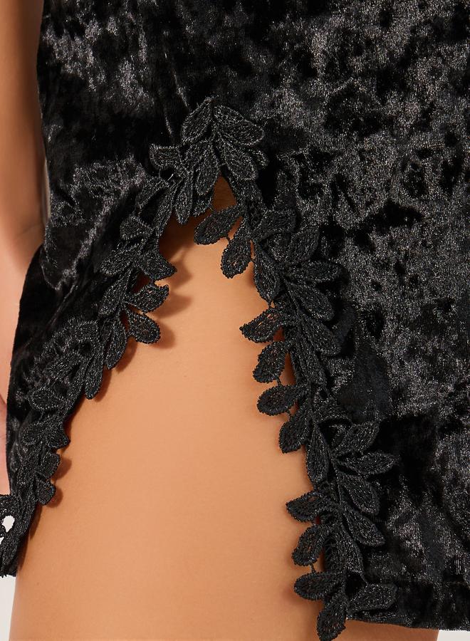 Styli Styli Velvet Slip Dress with Lace Detail  - Image 3