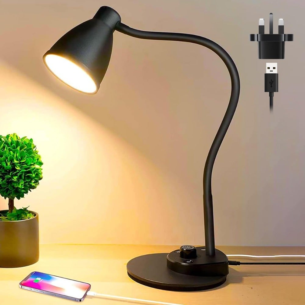 LED Desk Lamp, 3 Color Modes, Table Lamp for Bedside with USB Charging Port, Flexible Gooseneck Task Lamp Auto Dimming for Reading Study,Adapter Include