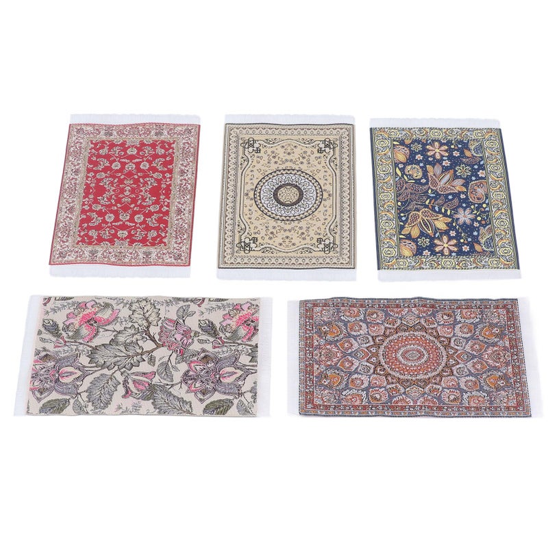 1 12 Scale Floral Print Mini Rugs 5PCS Soft Woven Fabric Easy Clean Dollhouse Carpet - Image 4