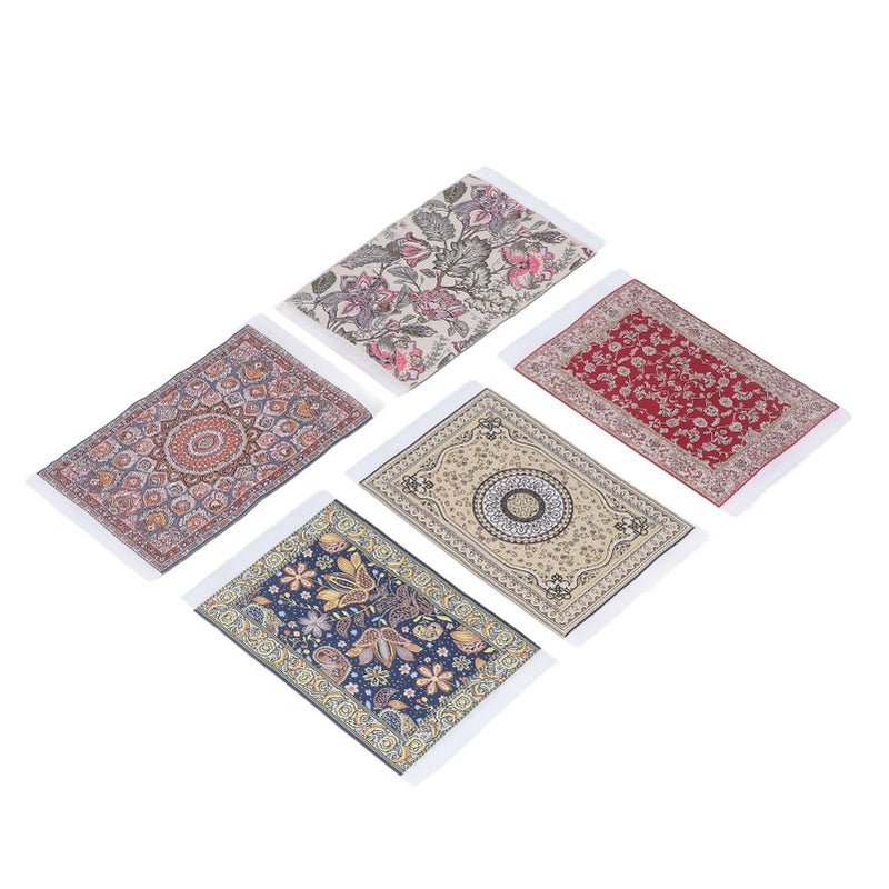 1 12 Scale Floral Print Mini Rugs 5PCS Soft Woven Fabric Easy Clean Dollhouse Carpet - Image 2