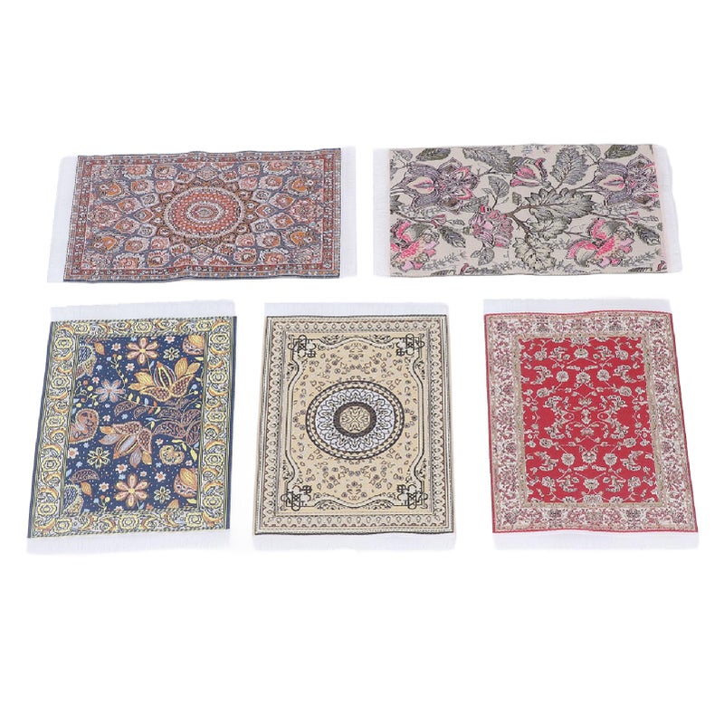 1 12 Scale Floral Print Mini Rugs 5PCS Soft Woven Fabric Easy Clean Dollhouse Carpet - Image 5